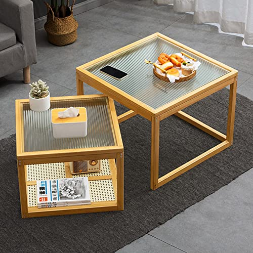 Satztische mit Stauraum, Satz-Couchtische im 2er-Set, Couchtisch aus Bambusglas für das Wohnzimmer