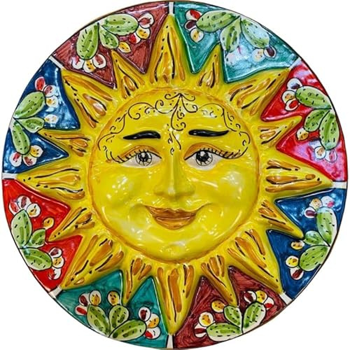 SICILIA BEDDA CAPACI Sole Disco in Ceramica Caltagirone, Ø 25 cm ca. Decoro ficodindia Fondo Multicolore