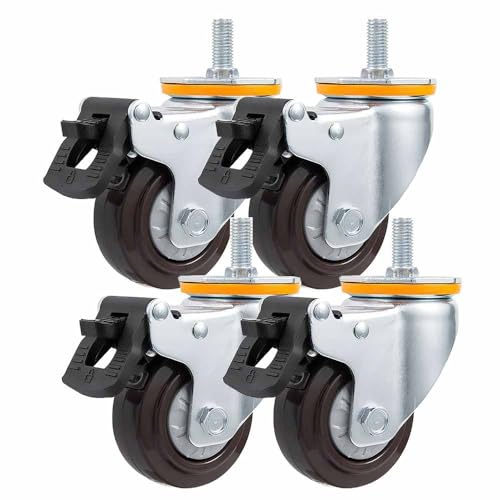 ZYBOWAYL 100mm Schwerlast Rollen für Möbel, M14x30mm Gewinde Lenkrollen, Geräuschlose Ersatz Räder mit Verriegelung Bremse, Gummirollen für Trolley Werkbank, 4 Stück (Color : Brake)