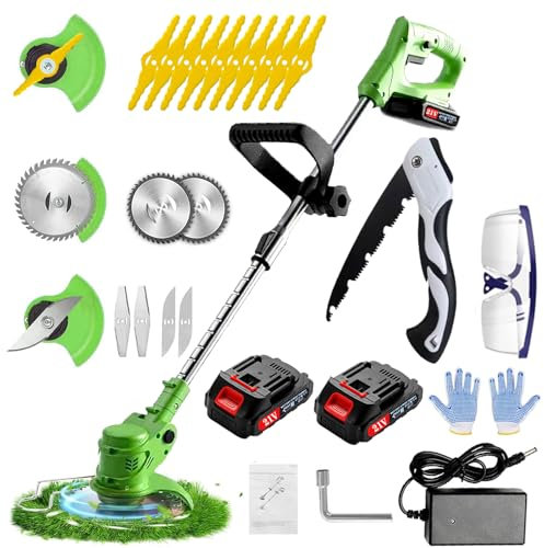Decespugliatore a Batteria,21V 2000mAh Tagliabordi Elettrico， Con Lama in Metallo3 in 1Tagliabordi a batteria ，Maniglia a scomparsa e rotazione della testa di 90°，Adatto per prati, giardini e campi