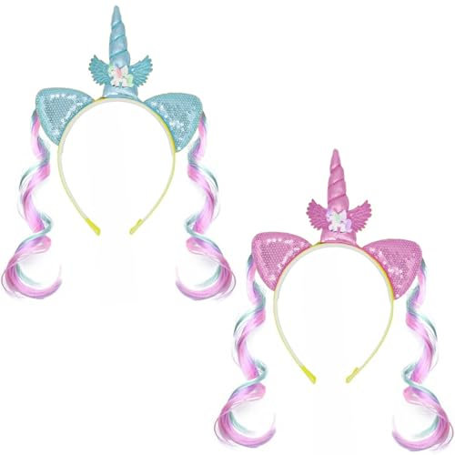 Skeerthy Unicorn Headband, 2 Pieces Unicorn Headband, Unicorn Horn Headband with Wig, Hair Accessories for Girls, Birthday, Easter