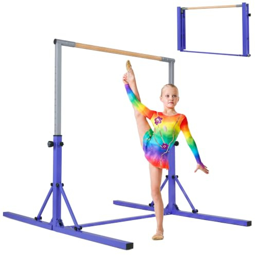 COSTWAY Barre de Gymnastique Pliable pour Enfants avec 13 Hauteurs Réglables (90-150cm), Barre d'Entraînement Extensible avec Structure Triangulaire, Charge 100kg pour Maison Salle de Gym (Violet)