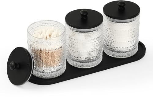 eggs sound 3 Pack Qtip Holder - Bathroom Organizers and Storage, Cotton Round Holder Floss Pick Holder Cotton Ball Holder with Tray, Glass Apothecary Jars with Lids, Cotton Pad Holder Set -clear b D