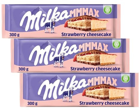 Milka MMMAX Tableta Grande de Chocolate con Leche de los Alpes con Relleno de Tarta de Queso con Galleta y Fresa 300g (Paquete de 3)