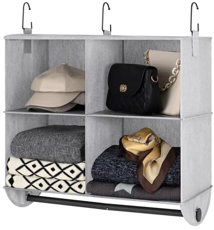 StorageWorks Hängeregal Kleiderschrank mit Metallstange, Hängeorganizer für Kleiderschrank, platzsparender Schrank Organizer, Schlafzimmer Hängeaufbewahrung für Kleidung, Schuhe, grau und weiß