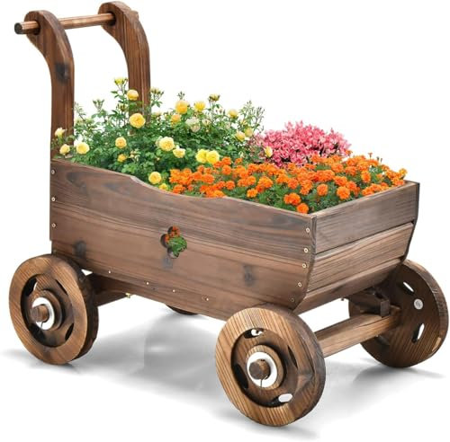 FANTASK Carrello per fiori in legno con ruote e maniglia, per piante con foro di scarico, per giardino, terrazza, per piante, carriola, decorazione da giardino, fioriera