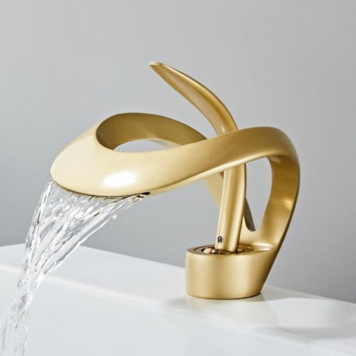 ZYCDP Bad Armatur Waschbecken Wasserfall, Waschtischarmatur Bad Messing Ein Griff Mattes Gold Kurz