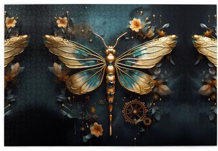 Holzpuzzle, 1000 Teile, WZYWHJ Goldfarbe, zarte Libellen-Blume, bedruckt für Erwachsene und Kinder, perfekt für Familienspaß, Stressabbau