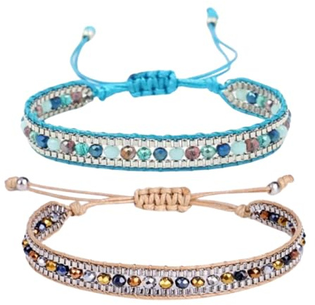 Genérico Pulseras Bohemias Trenzadas, Set de 2, Cuentas multicolor Ajustables, Estilo Surfista y Boho, 25 cm, Regalo para Mujer