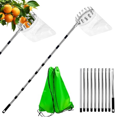 Obstpflücker mit Teleskopstiel 4 .2m & Baumwolltasche, Durchmesser 16 cm | Apfelpflücker, für Kirschen, Pflaumen, Äpfel, Obstsammler für schwer erreichbare Stellen