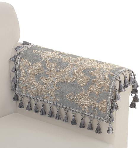 TOPLUXE Sofa Armrest Covers Set of 2, Damask Sofa Arm Covers with Tassels, Nonslip Furniture Protector for Chair Couch Recliner 50x60 cm (Light Grey)
