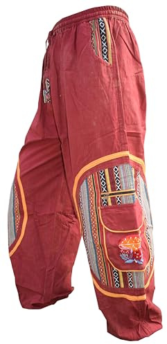 Gheri Mens Aztec Pocket Loose Fit Mushroom Embroidery Parachute Cargo Bohemian Pants Maroon S/M