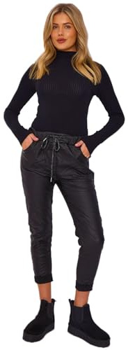 Ladies Faux Leather Look Wet Look P. U. Magic Trousers Joggers Pants Stretchy Italian with Pockets Black