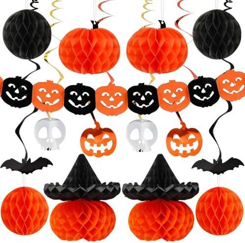SEPGLITTER Halloween Deko Set, Orange Schwarz Wabenpapier Halloween Girlande und Hängende Wabenkugeln