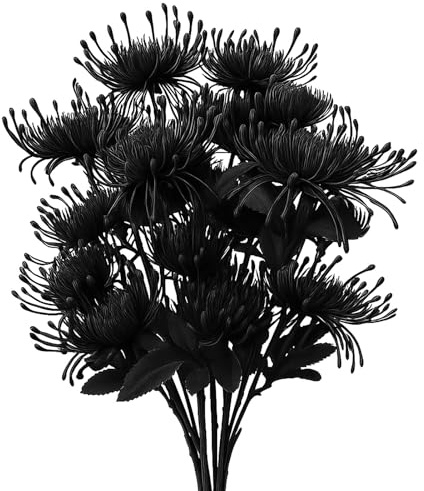 Ovveroche 6PCS Black Artificial Fake Mums Halloween Fall Faux Pincushion Flower Spider Mum Flower for Holiday Table Centerpiece Home Party Decoration
