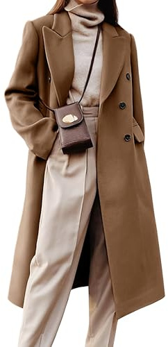 IDEALSANXUN Long Wool Coats for Women 2026 Fall Winter Double Breasted Trench Coats Tweed Blazer Dressy Jackets, Dark Khaki, L