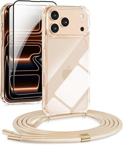 DiDaDi 4 in 1 Handykette Set Für iPhone 17 Pro Hülle mit Band Transparente Handyhülle Abnehmbare Schutzhülle mit Lanyard, 2X Panzerglas, Necklace Handyhülle (Gold)