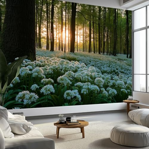 Papel Pintado Tejido No Tejido 400 x 280 cm (An x Al), Verde Fotomurales - Naturaleza Bosque Flores Decoración de Pared con Murales Decorativos