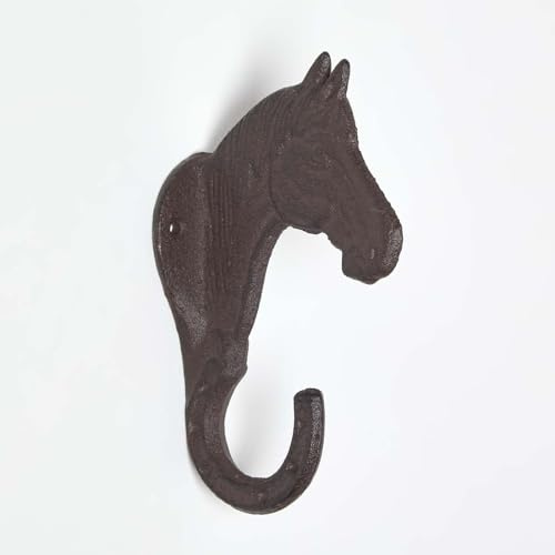 Homescapes Wandhaken Pferdekopf Gusseisen – Vintage Garderobenhaken antik, stabiler Kleiderhaken mit Hufeisen-Haken, Wandhaken Metall für Jacken, Taschen & mehr