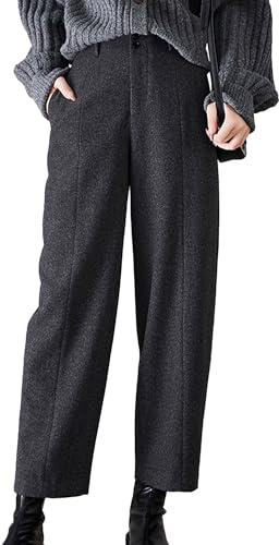 SOMTHRON Women's Fall Winter Wool Pants Elastic High Waist Straight Leg Business Work Cropped Slacks Trousers DG-L Dark Grey