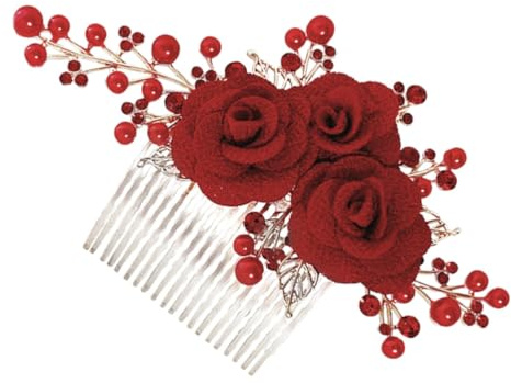 HOUDERCO Hochzeitshaarschmuck roter Haarkamm mit Rosenform, robustes Haarschmuck Accessoire aus und Stoff, für Bräute und Brautjungfern, geeignet für Verlobungen und besondere Feiern