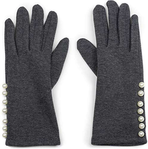 styleBREAKER Damen Handschuhe mit Perlen und Fleece Futter, warme Thermo Fingerhandschuhe Winter, Stoffhandschuhe 09010013, Farbe:Dunkelgrau meliert
