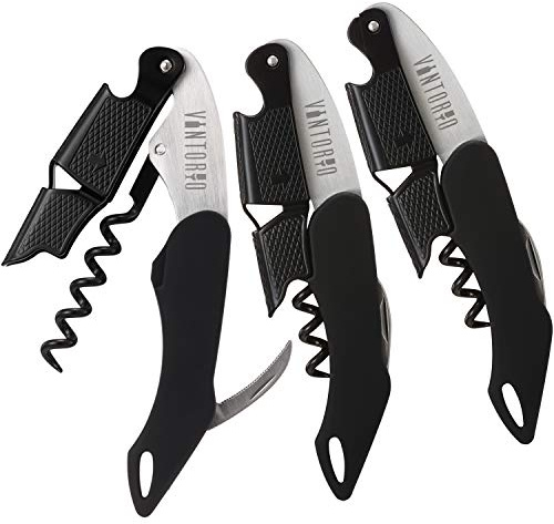 Vintorio Professional Waiters Corkscrew - Wine Key with Ergonomic Rubber Grip, Beer Bottle Opener and Foil Cutter (3 Pack)