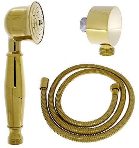 Nostalgie Retro Handbrause, Brause, Brausekopf. Duschkopf mit Brauseschlauch und Wandanschlussbogen aus Messing mit gold Oberfläche