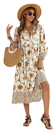 R.Vivimos Women's Casual Bohemian Print Neck Tie Long Sleeve Beach Style Long Midi Dress Vacation Dress