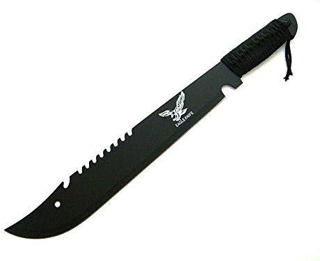 KOSxBO® Bolo Machete Messer mit Sägerücken und Kunststoffscheide o. Nylonscheide, Länge 50 cm, Klinge 34,5 cm aus Stahl, Schwarz