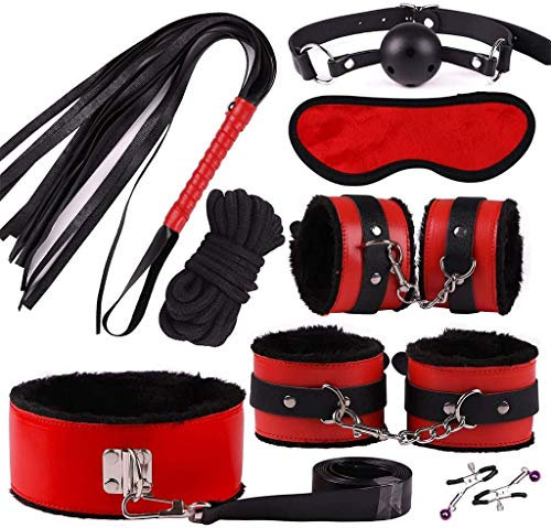 XXIAOHH Plüsch Acht Teilige Handschelle Lederanzug Gesetzt Alternatives Spiel Bondage Set BDSM Sm Satz Bondage Fesselset Fesseln Erotik Sexspielzeug Für Pärchen Liebhaber Geschlechtsprodukte,Red