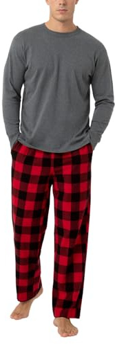 LAPASA Herren Schlafanzug lang, Kariertes Pyjama Set aus Baumwolle, Nachtwäsche mit Langarm-Oberteil und Langer Hose, Hausanzug Set, M79/M95