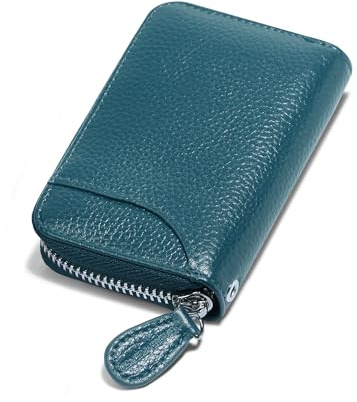 GADIEMKENSD Womens Credit Card Holder Wallet Zip Leather Card Case RFID Blocking Ladies Small Blocked Accordion Wallets with Stainless Steel Zipper Woman Compact Accordian ID Cards Bag Sea Blue