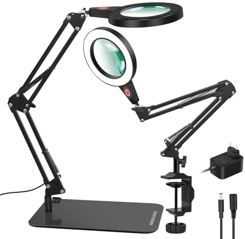Lampe loupe LED 12W avec Commande Tactile, 2 en 1 Loupe grossissante avec Lumière et Support,8X Loupe,3 Modes de Couleur,Lampe de Lecture de Bureau