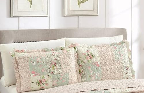 Brilliant Sunshine Traditional Rose and Sage Patchwork Pillowshams Set, Quilted Standard Pillowcases, 20x26 with 2 Flange, Scalloped Edge Pillow Covers, Pack of 2, Pink