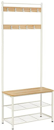 VASAGLE Garderobenständer, Kleiderständer mit Schuhablagen, Schuhregal mit Sitzfläche, für Flur, mit Haken, 3 Ablagen, aus Metall, Höhe 177 cm, modern, eichenfarben-weiß HSR041W09