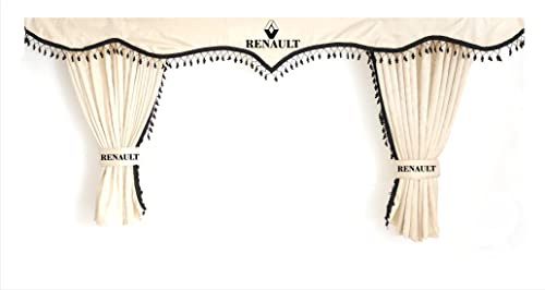 Ensemble complet de rideaux de chambre à coucher pour camion avec pompons noirs et crochets avec logo Renault Beige