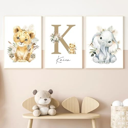Youihom 3 Poster Golden Name Personalisiert Baby 30 x 40 cm Leinwand Tiere Kinder Löwe Elefant Bilder Kinderzimmer Jungen Wandbild Babyzimmer Junge Wanddeko Mädchen ohne Rahmen