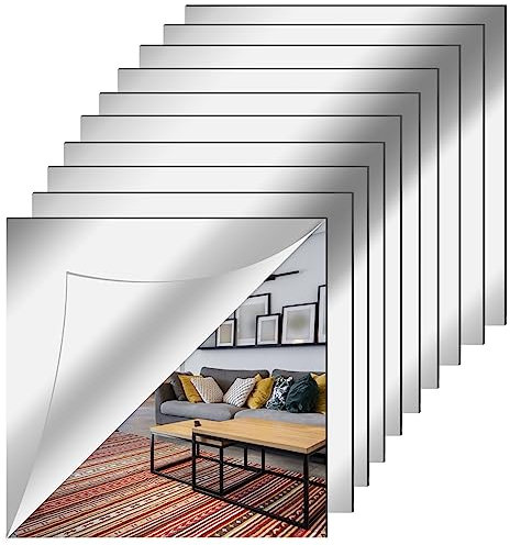 Relota 10 Pegatinas de Espejos De Pared Sin Marco 20 X 20 cm, Flexibles Espejos Autoadhesivos Acrílico, Plastico Azulejos de Espejo para Decoración del Hogar, Baño, Dormitorio, Sala de Estar, Armario
