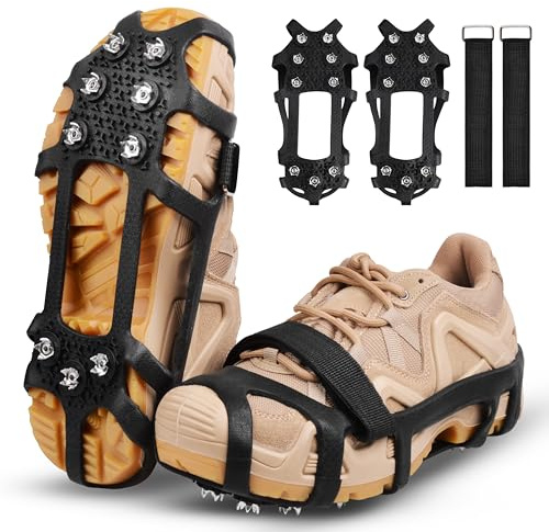 Ice Snow Cleats for Shoes and Boots 9 Studs Crampons Shoe Spikes for Snow and Ice Non-Slip Ice Shoes Grippers with Adjustable Straps Overshoe for Women Men Kids Hiking Walking Ice Fishing