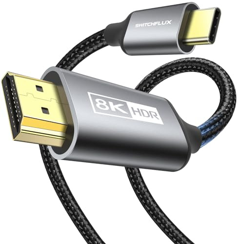 SWITCHFLUX Câble USB C vers HDMI 2.1, 1,8 m 8K @ 60 Hz, 4K @ 144 Hz, 2K @ 165 Hz Type C vers HDMI Cordon compatible HDCP2.3/HDR/DSC Thunderbolt 3/4 compatible avec MacBook Pro/Air, Dell, HP, Lenovo,