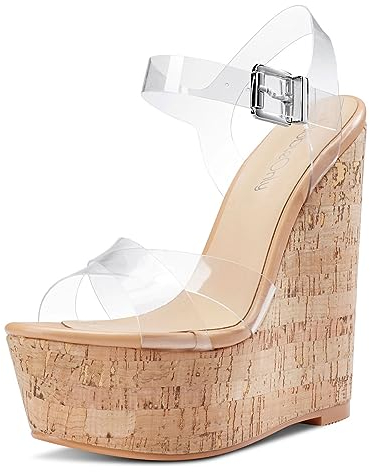 NobleOnly Damen Hoher High Keilabsatz Plateau Plattform Absatz Heel Peep Open Zehenkappe Knöchelriemen Slingback Sandalen Schnalle Dress Schuhe 16 CM Heels Transparent 37 EU