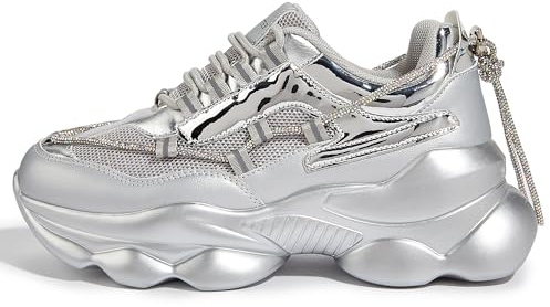 LUCKY STEP Women's 90s Chunky Sneakers Sparkly Bling Rhinestone Rope Platform Casual Thick Dad Rave Walking Shoes (Silver,8 B(M) US)