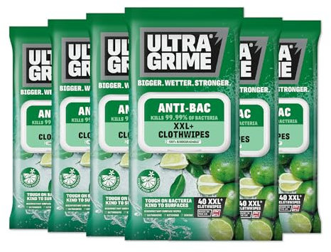UltraGrime Antibacterial 240 Wet Wipes Alcohol-Free Heavy-Duty Cleaning Cloths & Hand Wipes - Multi-Purpose Kitchen, Toilet, Floor & Surface Cleaning - Extra Large Cloth Wipes (6 x Pack of 40)