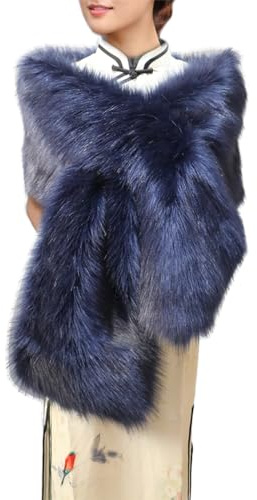 Inzegao Chal y envoltura de piel sintética para mujer, para cóctel, fiesta de té, vestido de noche, peludo de invierno, estolas cálidas, Azul marino, Large