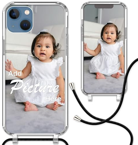 CoverHeld Handyhülle Kompatibel Mit iPhone 13 - Silikon Hülle Mit Schwarzem Band Selbst Gestalten - Personalisierbare Handykette Kordel in Schwarz