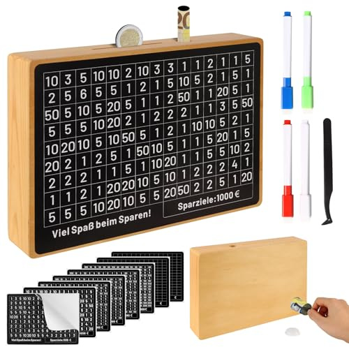 INYEEXUP Spardose mit Zähler, Sparbox mit Zahlen Ankreuzen, Sparschwein aus Holz mit Zähler, Wiederverwendbar Goalsaver Box, Keine Montage Sparbox 10000 Euro €500 €1000 €2000 €3000 €5000 (8 Stück)