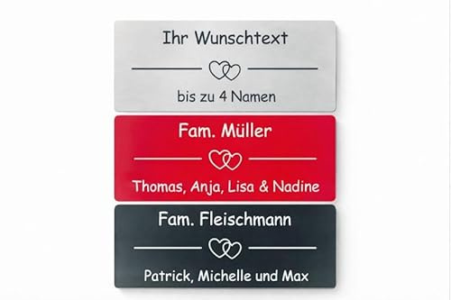 Personalisierbares Klingelschild – 2 Herzen und Strich – graviertes Namensschild – selbstklebend mit 3M – wetterfest – Made in Germany – viele Farben & Größen – Kunststoffschild für Briefkasten