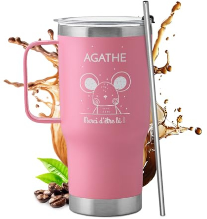 Maverton Mug Isotherme avec Paille en Acier Inoxydable | Mug Personnalisé Rose 600 ml, Cadeau Personnalisé pour Copine Petit-Amie, Cadeau pour la Saint-Valentin Femme merci