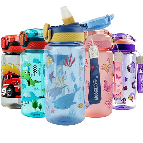 MHwan Gourde Enfant, 600 Ml, Robuste, Incassable, Anti Fuite, Sans BPA, Ouverture par Simple Pression, Facile à Nettoyer, avec Paille, Idéale pour l'École et l'Extérieur